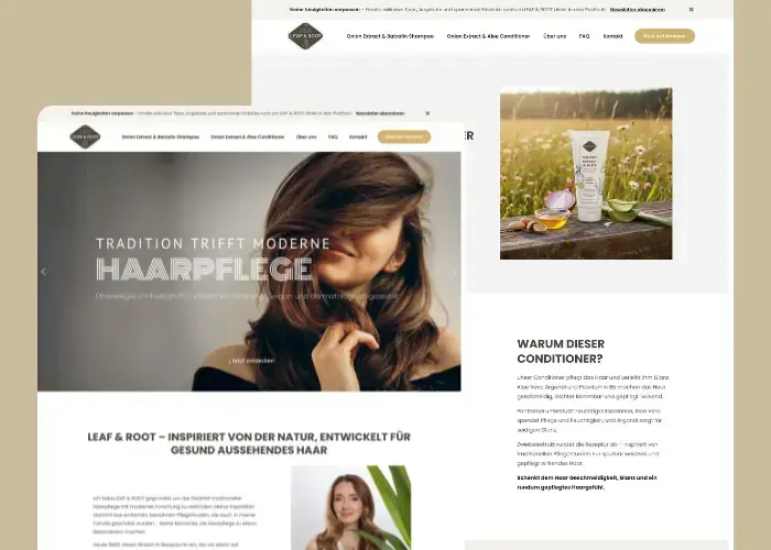 Website-Screenshot: LEAF & ROOT — vegane Haarpflege-Marke
